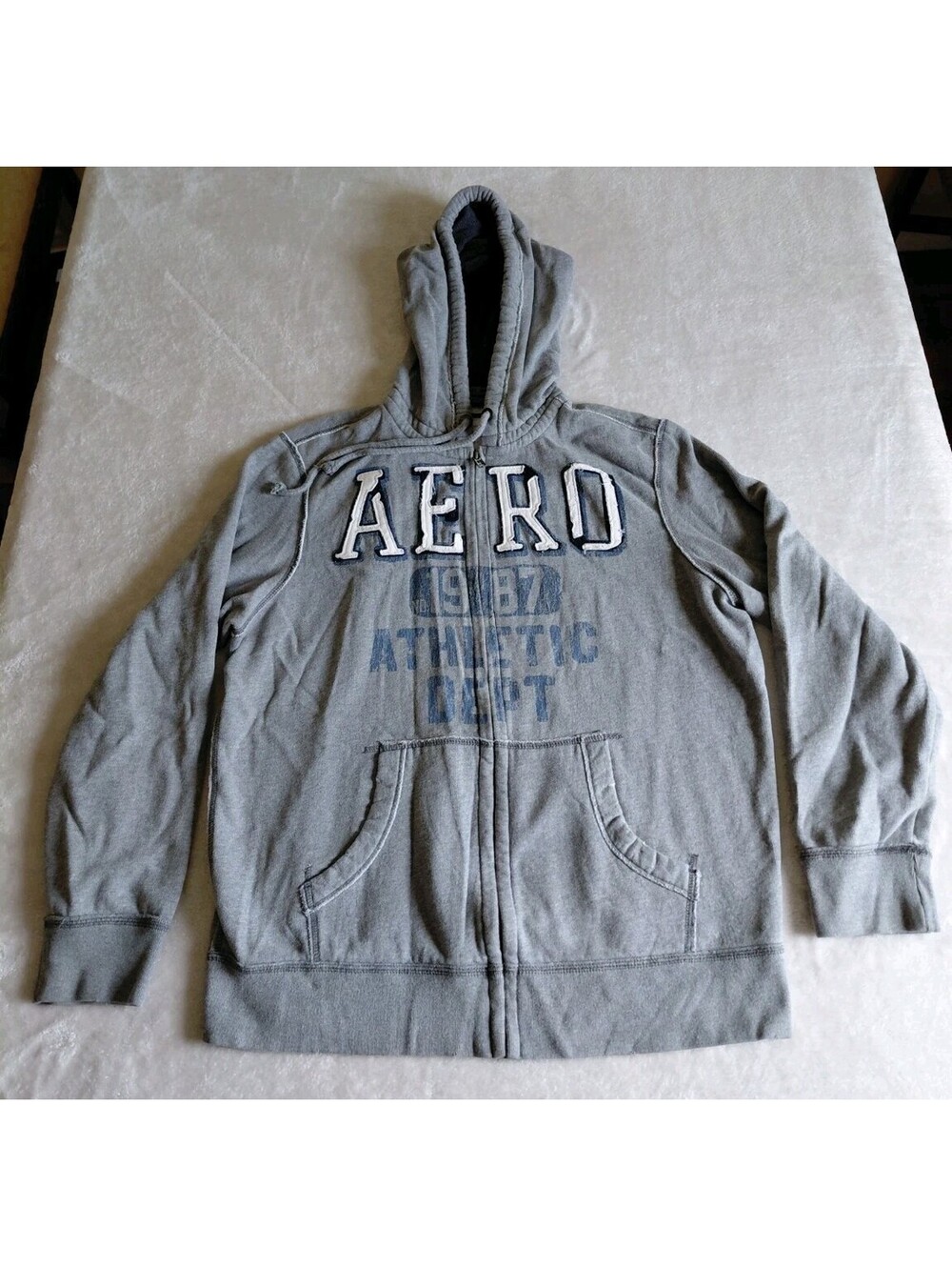 Y2K Aeropostale Gray Full Zip Up Hoodie Sweatshirt Mens Large Blue